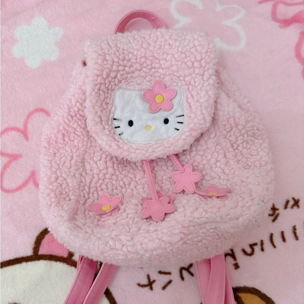 Hello Kitty Pink Sherpa Rare Vintage Flower Fuzzy Fur Backpack Bag 2001